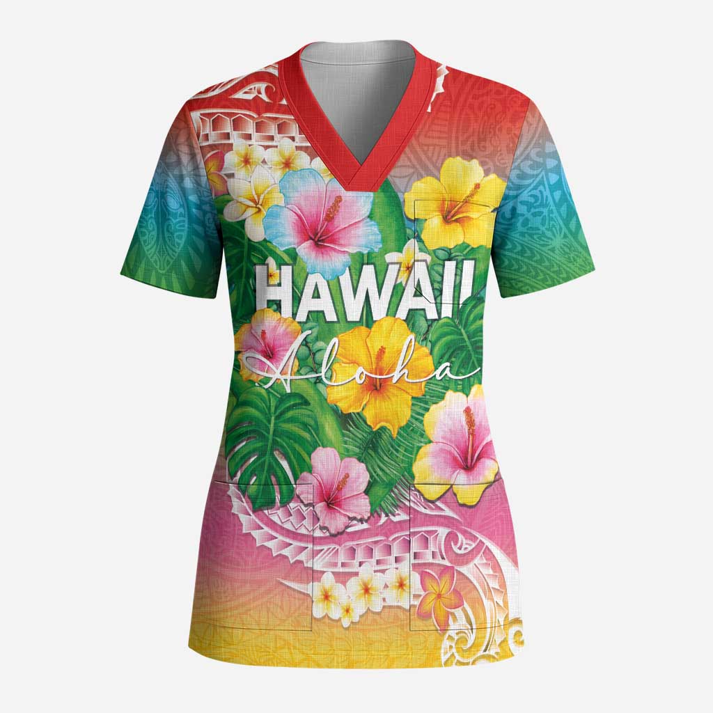 Hawaii Aloha Tropical Leaves and Flower Scrub Top with Polynesian Art Tattoo Rainbow Color - Polynesian Pride