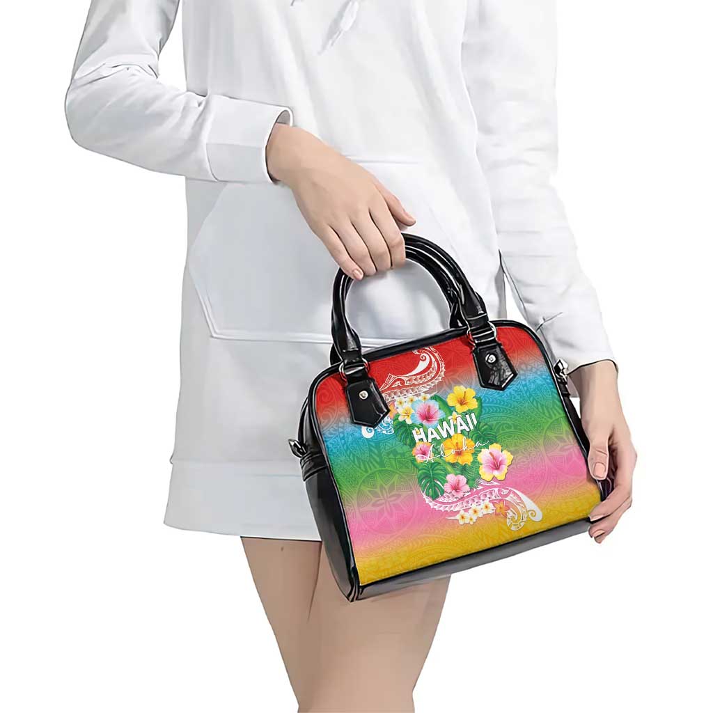 Hawaii Aloha Tropical Leaves and Flower Shoulder Handbag with Polynesian Art Tattoo Rainbow Color - Polynesian Pride