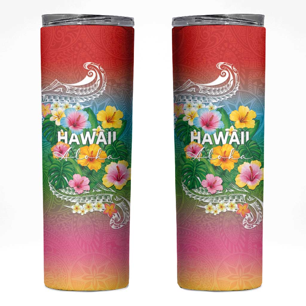 Hawaii Aloha Tropical Leaves and Flower Skinny Tumbler with Polynesian Art Tattoo Rainbow Color LT03 Rainbow - Polynesian Pride
