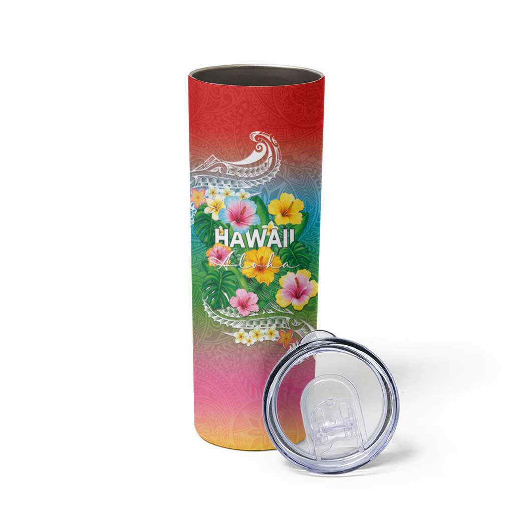 Hawaii Aloha Tropical Leaves and Flower Skinny Tumbler with Polynesian Art Tattoo Rainbow Color LT03 - Polynesian Pride