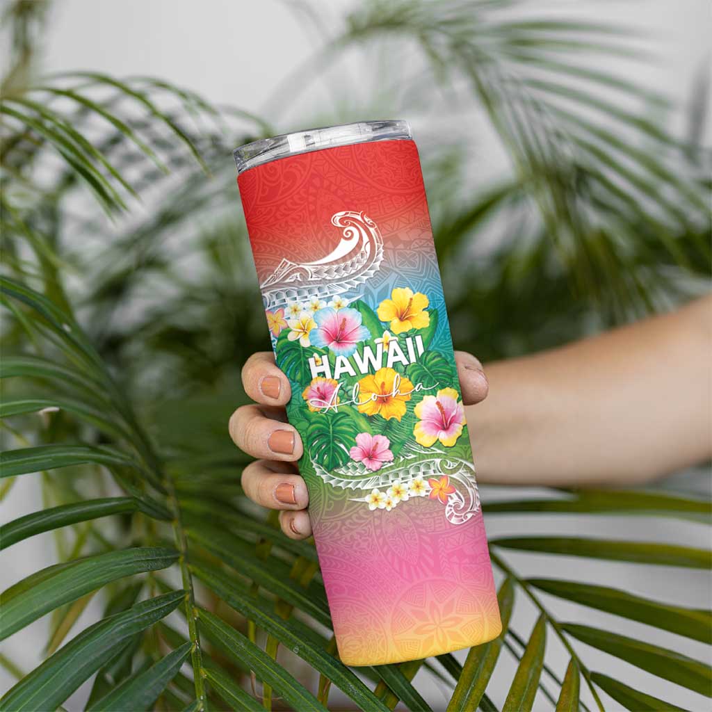 Hawaii Aloha Tropical Leaves and Flower Skinny Tumbler with Polynesian Art Tattoo Rainbow Color LT03 - Polynesian Pride