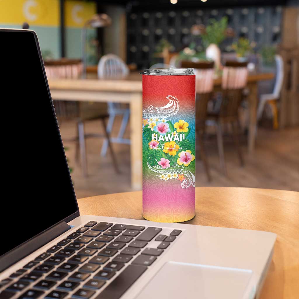 Hawaii Aloha Tropical Leaves and Flower Skinny Tumbler with Polynesian Art Tattoo Rainbow Color LT03 - Polynesian Pride