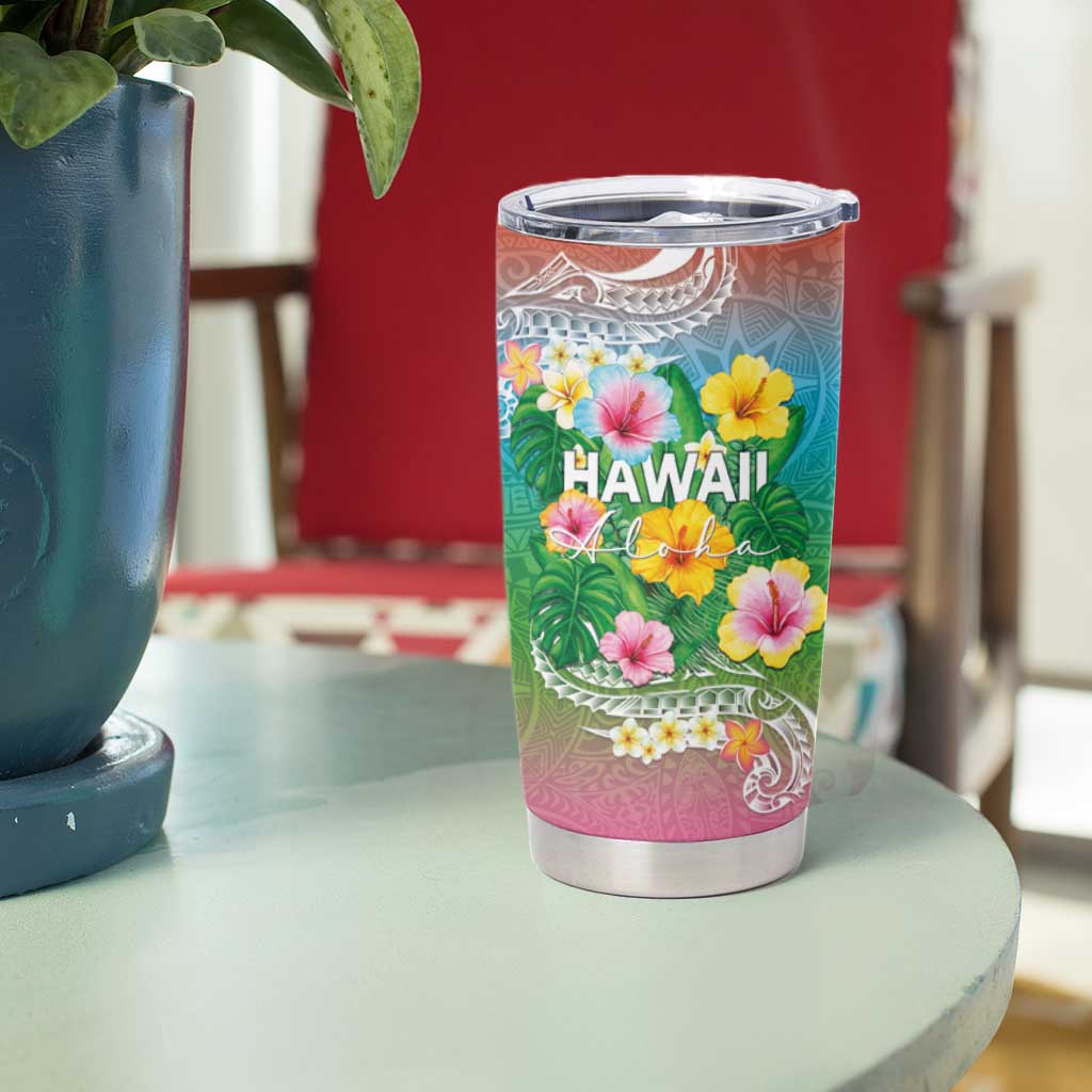 Hawaii Aloha Tropical Leaves and Flower Tumbler Cup with Polynesian Art Tattoo Rainbow Color - Polynesian Pride