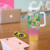 Hawaii Aloha Tropical Leaves and Flower Tumbler With Handle with Polynesian Art Tattoo Rainbow Color - Polynesian Pride