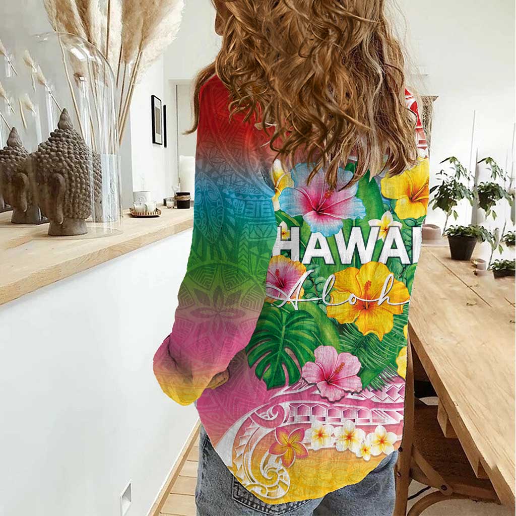 Hawaii Aloha Tropical Leaves and Flower Women Casual Shirt with Polynesian Art Tattoo Rainbow Color LT03 - Polynesian Pride