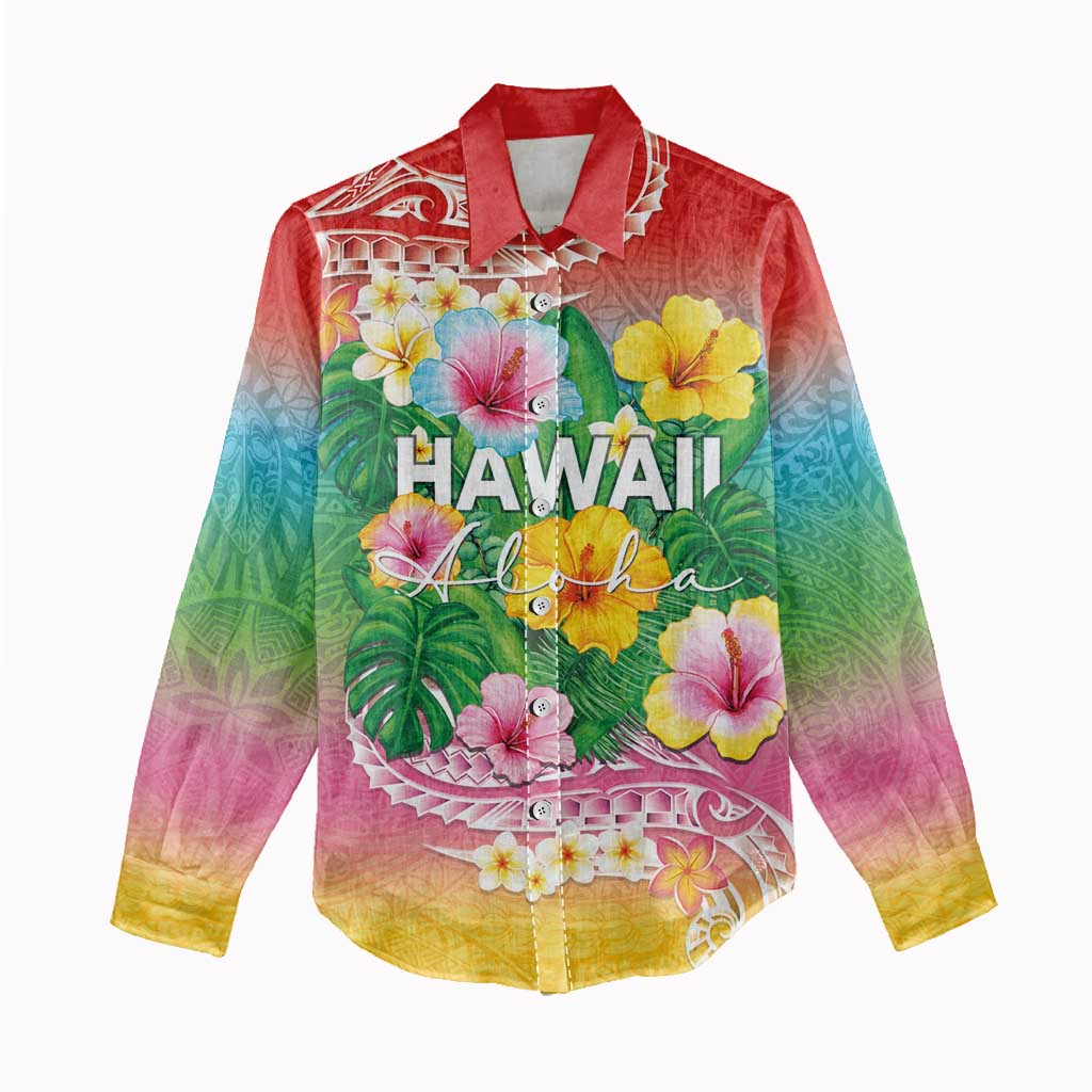 Hawaii Aloha Tropical Leaves and Flower Women Casual Shirt with Polynesian Art Tattoo Rainbow Color LT03 - Polynesian Pride