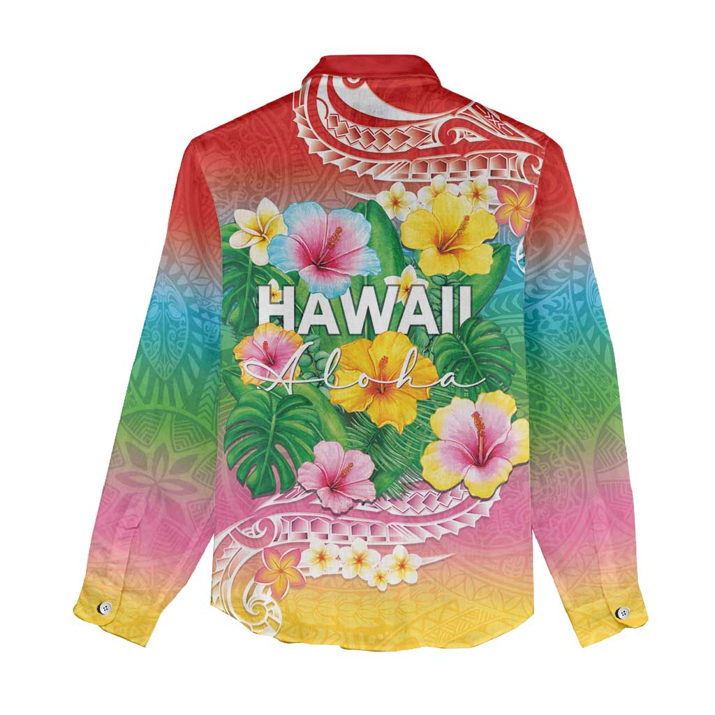 Hawaii Aloha Tropical Leaves and Flower Women Casual Shirt with Polynesian Art Tattoo Rainbow Color LT03 - Polynesian Pride