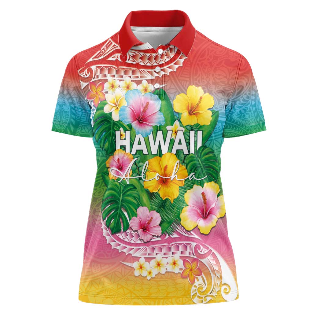 Hawaii Aloha Tropical Leaves and Flower Women Polo Shirt with Polynesian Art Tattoo Rainbow Color LT03 Female Rainbow - Polynesian Pride