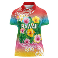 Hawaii Aloha Tropical Leaves and Flower Women Polo Shirt with Polynesian Art Tattoo Rainbow Color LT03 Female Rainbow - Polynesian Pride