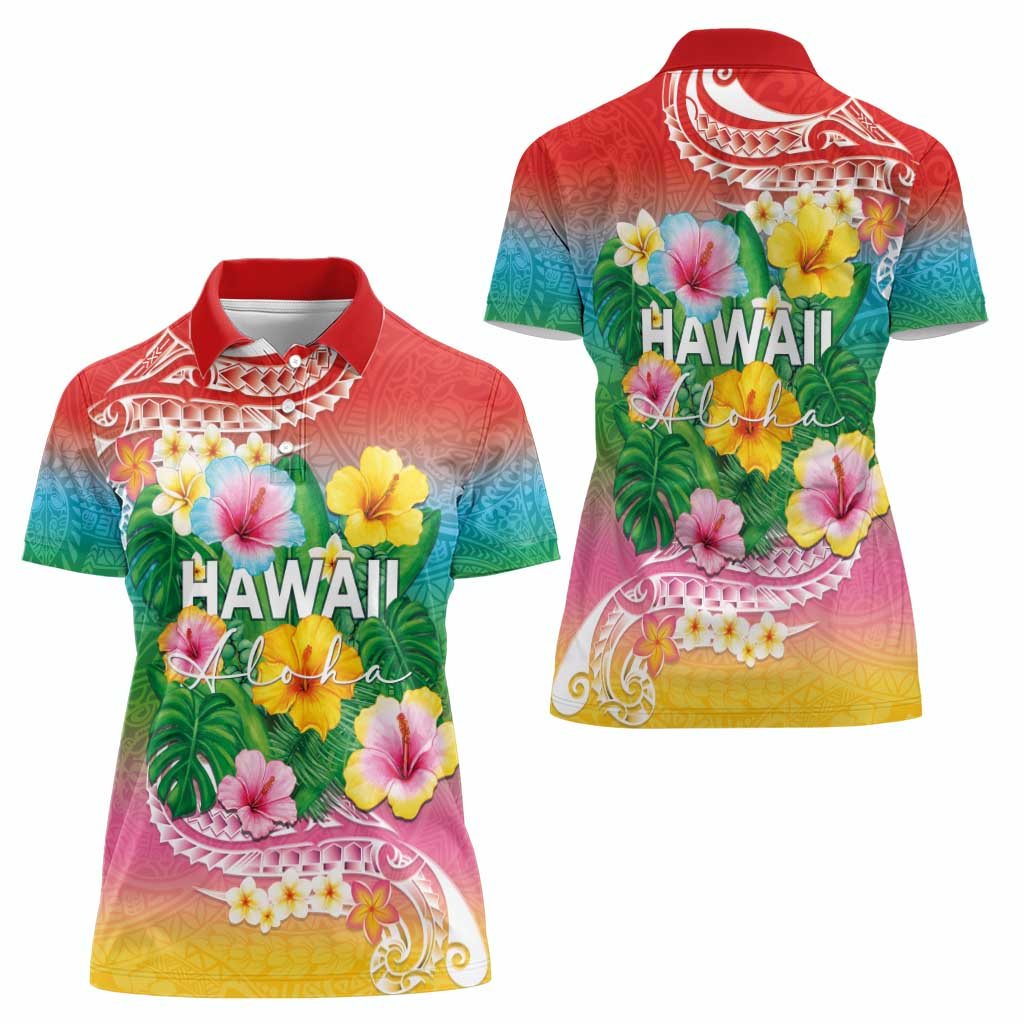 Hawaii Aloha Tropical Leaves and Flower Women Polo Shirt with Polynesian Art Tattoo Rainbow Color LT03 - Polynesian Pride