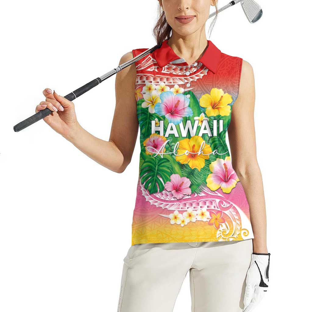 Hawaii Aloha Tropical Leaves and Flower Women Sleeveless Polo Shirt with Polynesian Art Tattoo Rainbow Color LT03 - Polynesian Pride