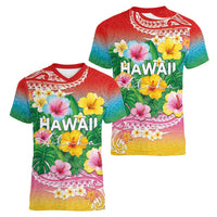 Hawaii Aloha Tropical Leaves and Flower Women V-Neck T-Shirt with Polynesian Art Tattoo Rainbow Color - Polynesian Pride