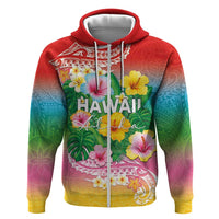 Hawaii Aloha Tropical Leaves and Flower Zip Hoodie with Polynesian Art Tattoo Rainbow Color - Polynesian Pride
