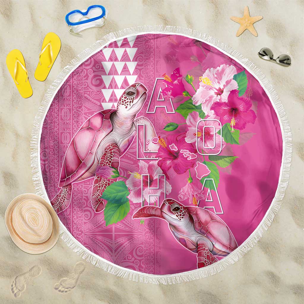 Hawaii Aloha Turtle Hibiscus and Leaves Beach Blanket with Polynesian and Kakau Tattoos Rose Color - Polynesian Pride
