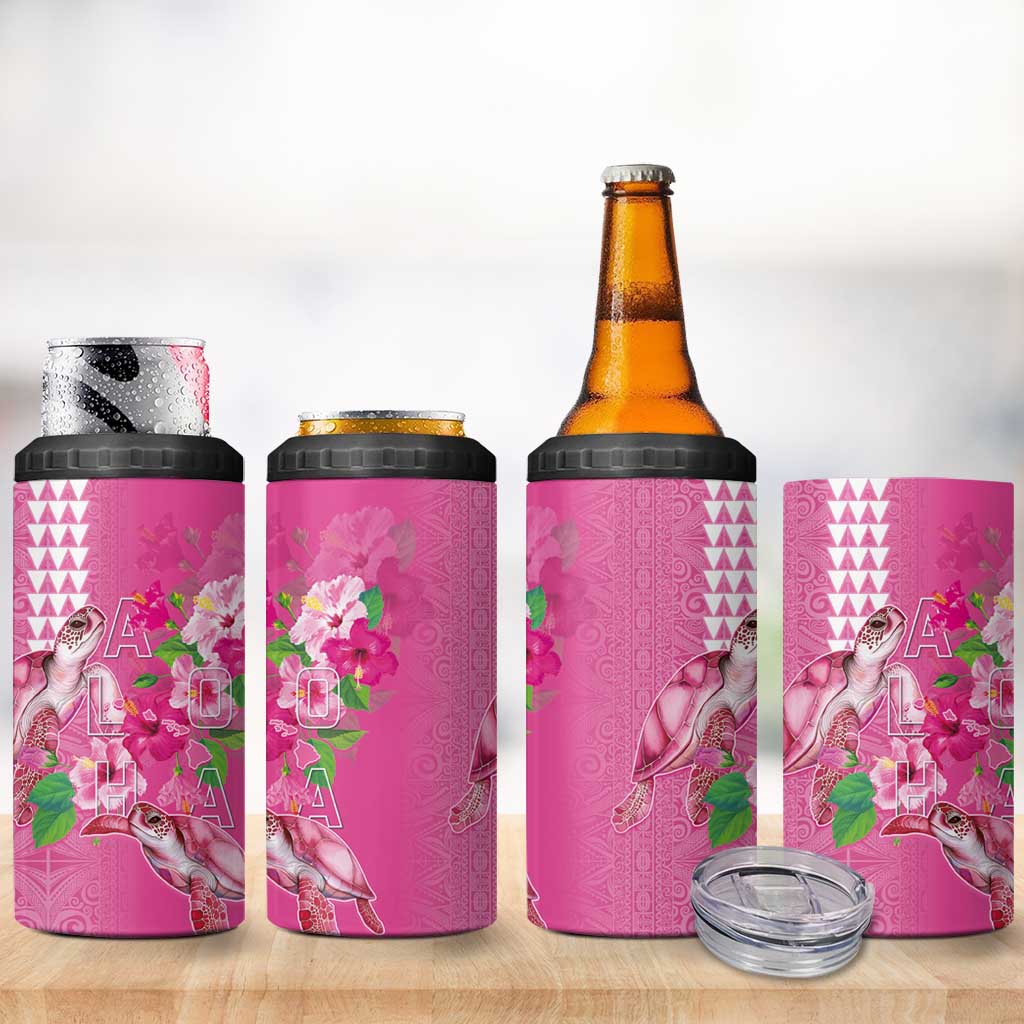 Hawaii Aloha Turtle Hibiscus and Leaves 4 in 1 Can Cooler Tumbler with Polynesian and Kakau Tattoos Rose Color LT03 - Polynesian Pride