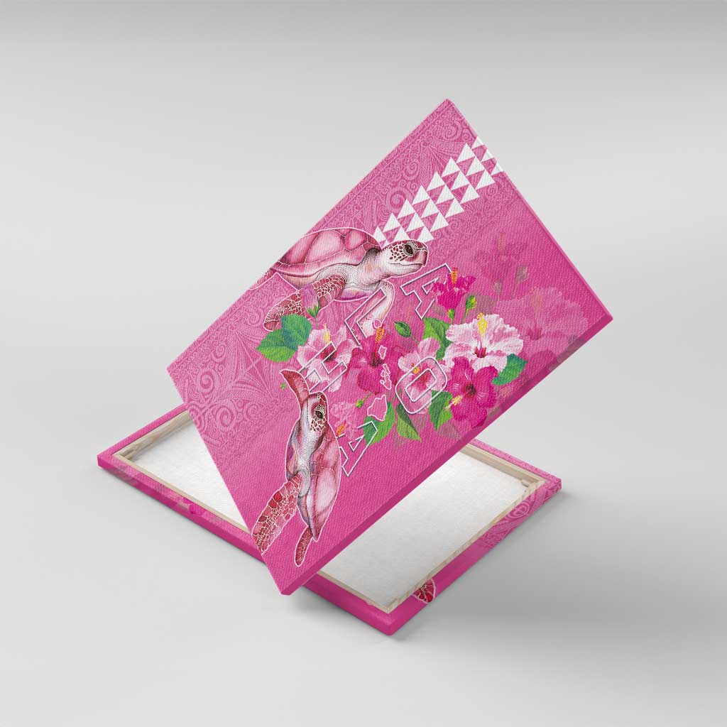 Hawaii Aloha Turtle Hibiscus and Leaves Canvas Wall Art with Polynesian and Kakau Tattoos Rose Color - Polynesian Pride