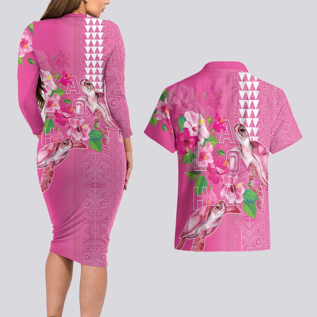 Hawaii Aloha Turtle Hibiscus and Leaves Couples Matching Long Sleeve Bodycon Dress and Hawaiian Shirt with Polynesian and Kakau Tattoos Rose Color LT03 - Polynesian Pride