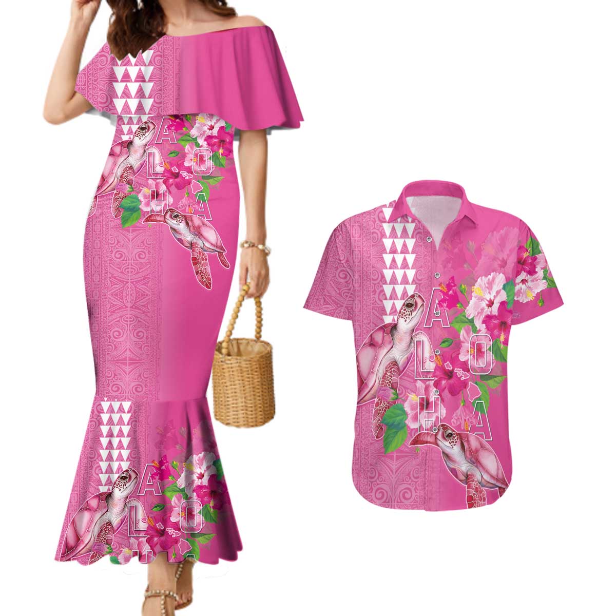 Hawaii Aloha Turtle Hibiscus and Leaves Couples Matching Mermaid Dress and Hawaiian Shirt with Polynesian and Kakau Tattoos Rose Color LT03 Pink - Polynesian Pride