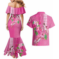 Hawaii Aloha Turtle Hibiscus and Leaves Couples Matching Mermaid Dress and Hawaiian Shirt with Polynesian and Kakau Tattoos Rose Color LT03 - Polynesian Pride