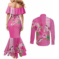 Hawaii Aloha Turtle Hibiscus and Leaves Couples Matching Mermaid Dress and Long Sleeve Button Shirt with Polynesian and Kakau Tattoos Rose Color LT03 - Polynesian Pride