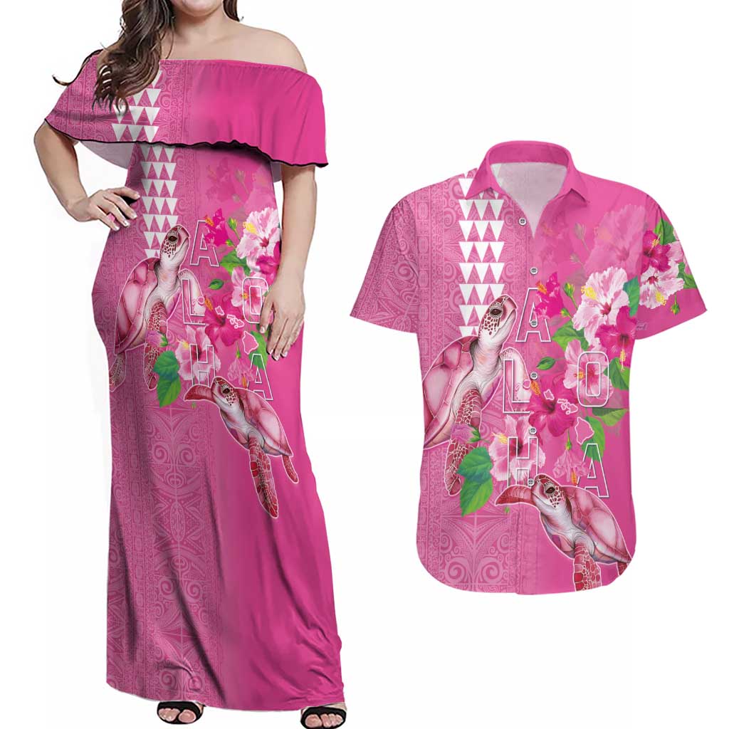 Hawaii Aloha Turtle Hibiscus and Leaves Couples Matching Off Shoulder Maxi Dress and Hawaiian Shirt with Polynesian and Kakau Tattoos Rose Color LT03 Pink - Polynesian Pride