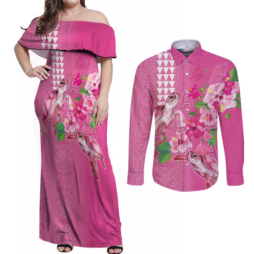Hawaii Aloha Turtle Hibiscus and Leaves Couples Matching Off Shoulder Maxi Dress and Long Sleeve Button Shirt with Polynesian and Kakau Tattoos Rose Color LT03 Pink - Polynesian Pride