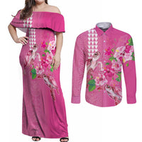 Hawaii Aloha Turtle Hibiscus and Leaves Couples Matching Off Shoulder Maxi Dress and Long Sleeve Button Shirt with Polynesian and Kakau Tattoos Rose Color LT03 Pink - Polynesian Pride