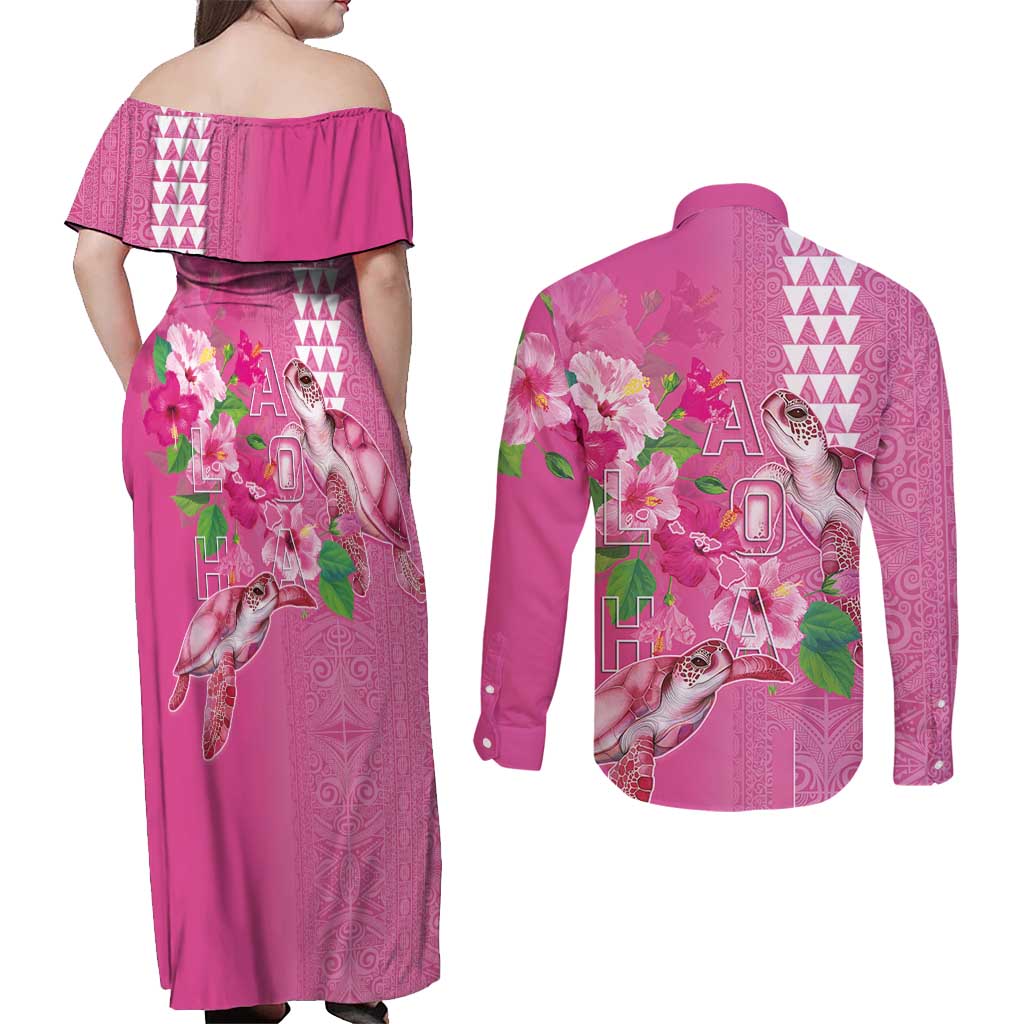 Hawaii Aloha Turtle Hibiscus and Leaves Couples Matching Off Shoulder Maxi Dress and Long Sleeve Button Shirt with Polynesian and Kakau Tattoos Rose Color LT03 - Polynesian Pride
