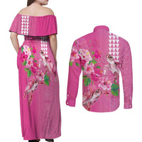 Hawaii Aloha Turtle Hibiscus and Leaves Couples Matching Off Shoulder Maxi Dress and Long Sleeve Button Shirt with Polynesian and Kakau Tattoos Rose Color LT03 - Polynesian Pride