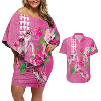 Hawaii Aloha Turtle Hibiscus and Leaves Couples Matching Off Shoulder Short Dress and Hawaiian Shirt with Polynesian and Kakau Tattoos Rose Color LT03 Pink - Polynesian Pride