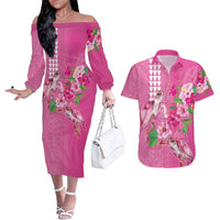 Hawaii Aloha Turtle Hibiscus and Leaves Couples Matching Off The Shoulder Long Sleeve Dress and Hawaiian Shirt with Polynesian and Kakau Tattoos Rose Color LT03 Pink - Polynesian Pride