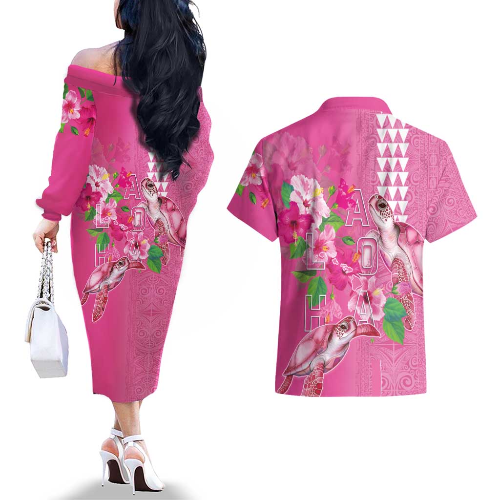 Hawaii Aloha Turtle Hibiscus and Leaves Couples Matching Off The Shoulder Long Sleeve Dress and Hawaiian Shirt with Polynesian and Kakau Tattoos Rose Color LT03 - Polynesian Pride