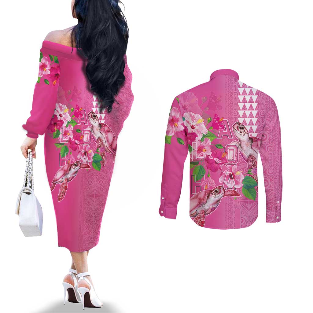 Hawaii Aloha Turtle Hibiscus and Leaves Couples Matching Off The Shoulder Long Sleeve Dress and Long Sleeve Button Shirt with Polynesian and Kakau Tattoos Rose Color LT03 - Polynesian Pride