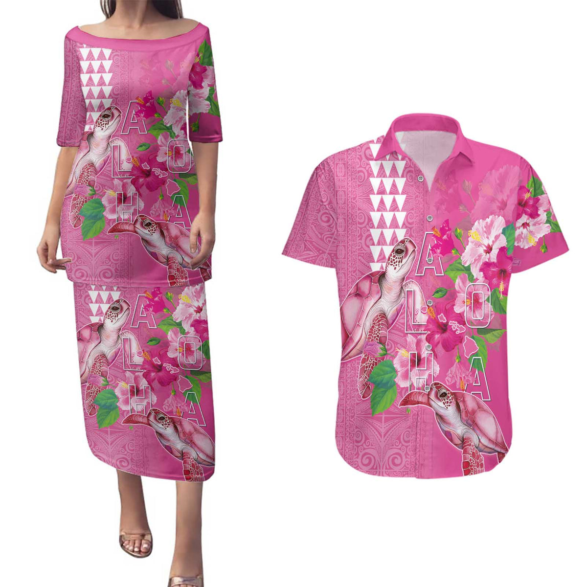 Hawaii Aloha Turtle Hibiscus and Leaves Couples Matching Puletasi and Hawaiian Shirt with Polynesian and Kakau Tattoos Rose Color LT03 Pink - Polynesian Pride