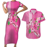 Hawaii Aloha Turtle Hibiscus and Leaves Couples Matching Short Sleeve Bodycon Dress and Hawaiian Shirt with Polynesian and Kakau Tattoos Rose Color LT03 Pink - Polynesian Pride