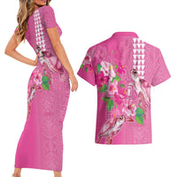 Hawaii Aloha Turtle Hibiscus and Leaves Couples Matching Short Sleeve Bodycon Dress and Hawaiian Shirt with Polynesian and Kakau Tattoos Rose Color LT03 - Polynesian Pride