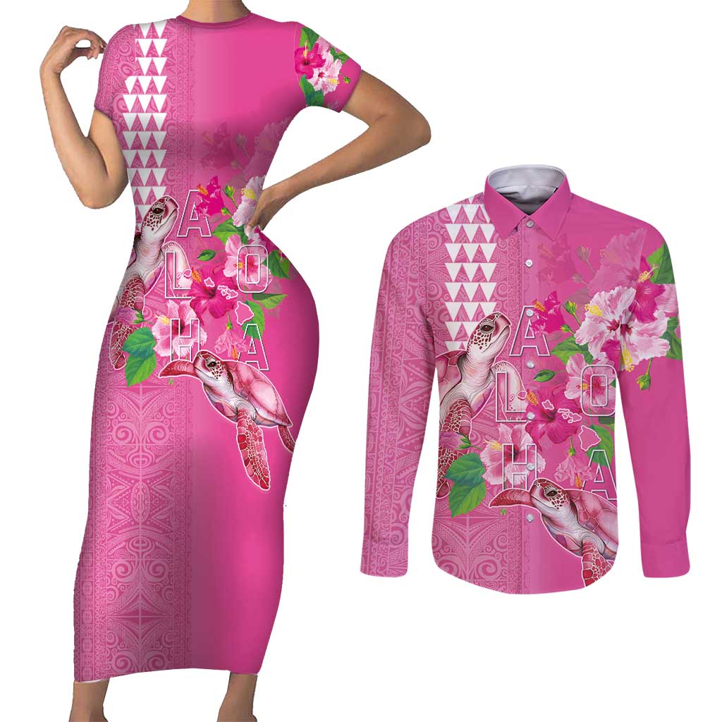Hawaii Aloha Turtle Hibiscus and Leaves Couples Matching Short Sleeve Bodycon Dress and Long Sleeve Button Shirt with Polynesian and Kakau Tattoos Rose Color LT03 Pink - Polynesian Pride