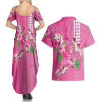 Hawaii Aloha Turtle Hibiscus and Leaves Couples Matching Summer Maxi Dress and Hawaiian Shirt with Polynesian and Kakau Tattoos Rose Color LT03 - Polynesian Pride