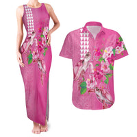 Hawaii Aloha Turtle Hibiscus and Leaves Couples Matching Tank Maxi Dress and Hawaiian Shirt with Polynesian and Kakau Tattoos Rose Color LT03 Pink - Polynesian Pride