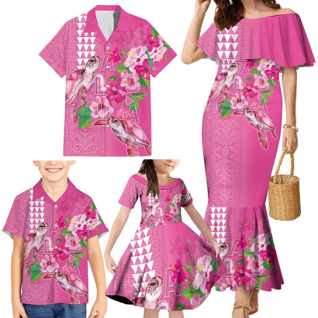 Hawaii Aloha Turtle Hibiscus and Leaves Family Matching Mermaid Dress and Hawaiian Shirt with Polynesian and Kakau Tattoos Rose Color LT03 - Polynesian Pride