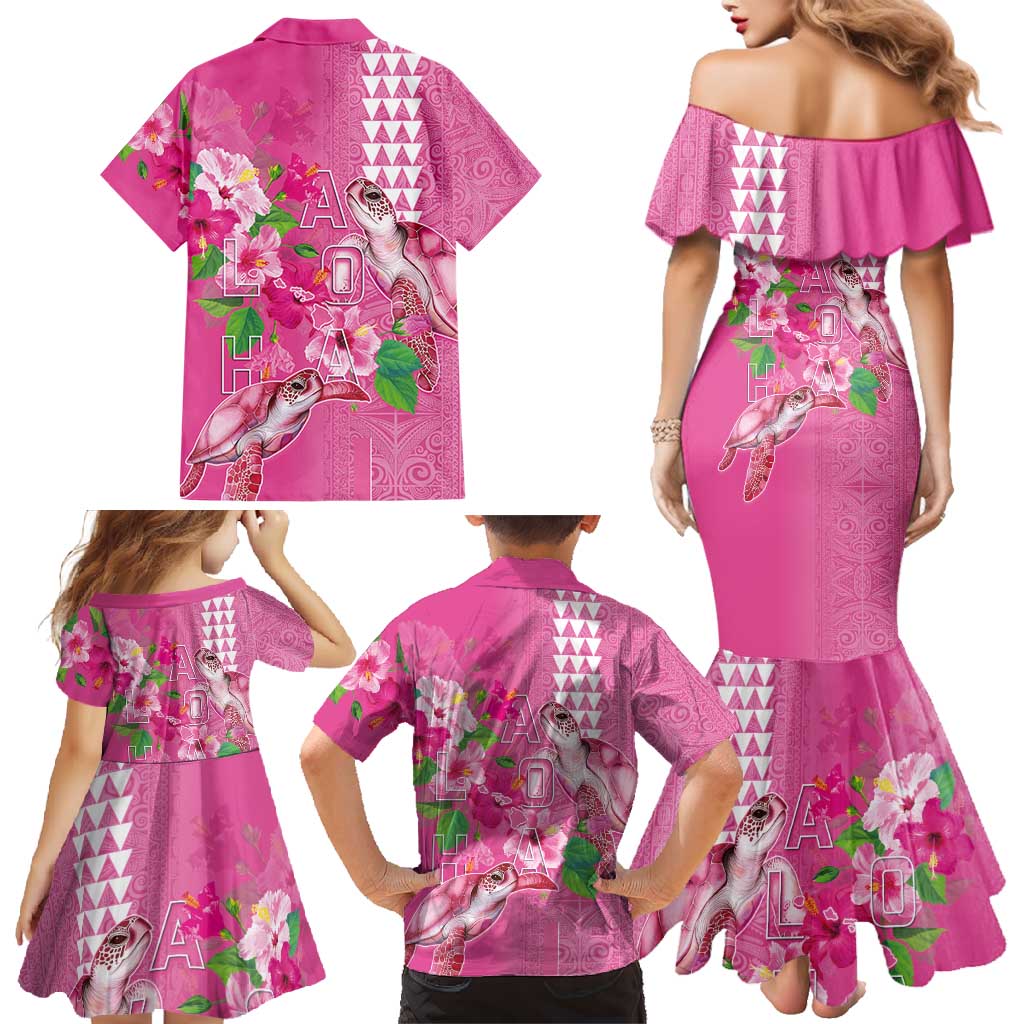 Hawaii Aloha Turtle Hibiscus and Leaves Family Matching Mermaid Dress and Hawaiian Shirt with Polynesian and Kakau Tattoos Rose Color LT03 - Polynesian Pride