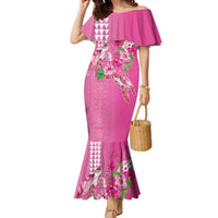 Hawaii Aloha Turtle Hibiscus and Leaves Family Matching Mermaid Dress and Hawaiian Shirt with Polynesian and Kakau Tattoos Rose Color LT03 Mom's Dress Pink - Polynesian Pride