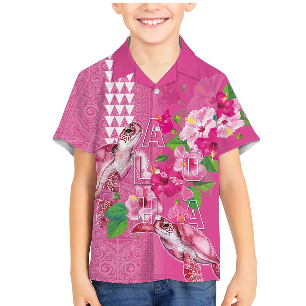 Hawaii Aloha Turtle Hibiscus and Leaves Family Matching Mermaid Dress and Hawaiian Shirt with Polynesian and Kakau Tattoos Rose Color LT03 Son's Shirt Pink - Polynesian Pride