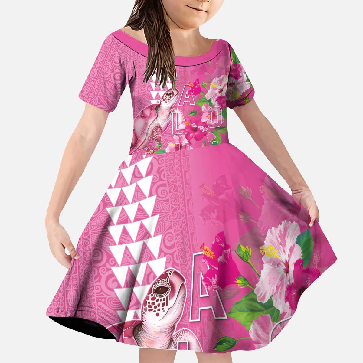 Hawaii Aloha Turtle Hibiscus and Leaves Family Matching Off The Shoulder Long Sleeve Dress and Hawaiian Shirt with Polynesian and Kakau Tattoos Rose Color LT03 Daughter's Dress Pink - Polynesian Pride