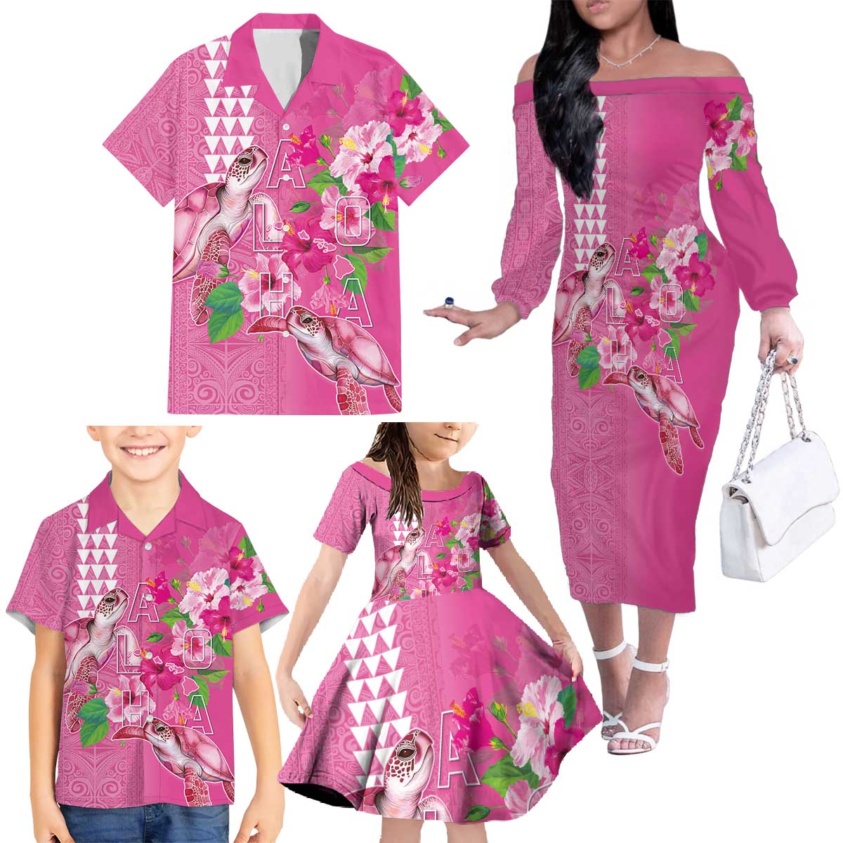 Hawaii Aloha Turtle Hibiscus and Leaves Family Matching Off The Shoulder Long Sleeve Dress and Hawaiian Shirt with Polynesian and Kakau Tattoos Rose Color LT03 - Polynesian Pride