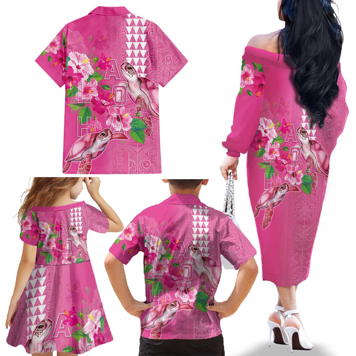 Hawaii Aloha Turtle Hibiscus and Leaves Family Matching Off The Shoulder Long Sleeve Dress and Hawaiian Shirt with Polynesian and Kakau Tattoos Rose Color LT03 - Polynesian Pride