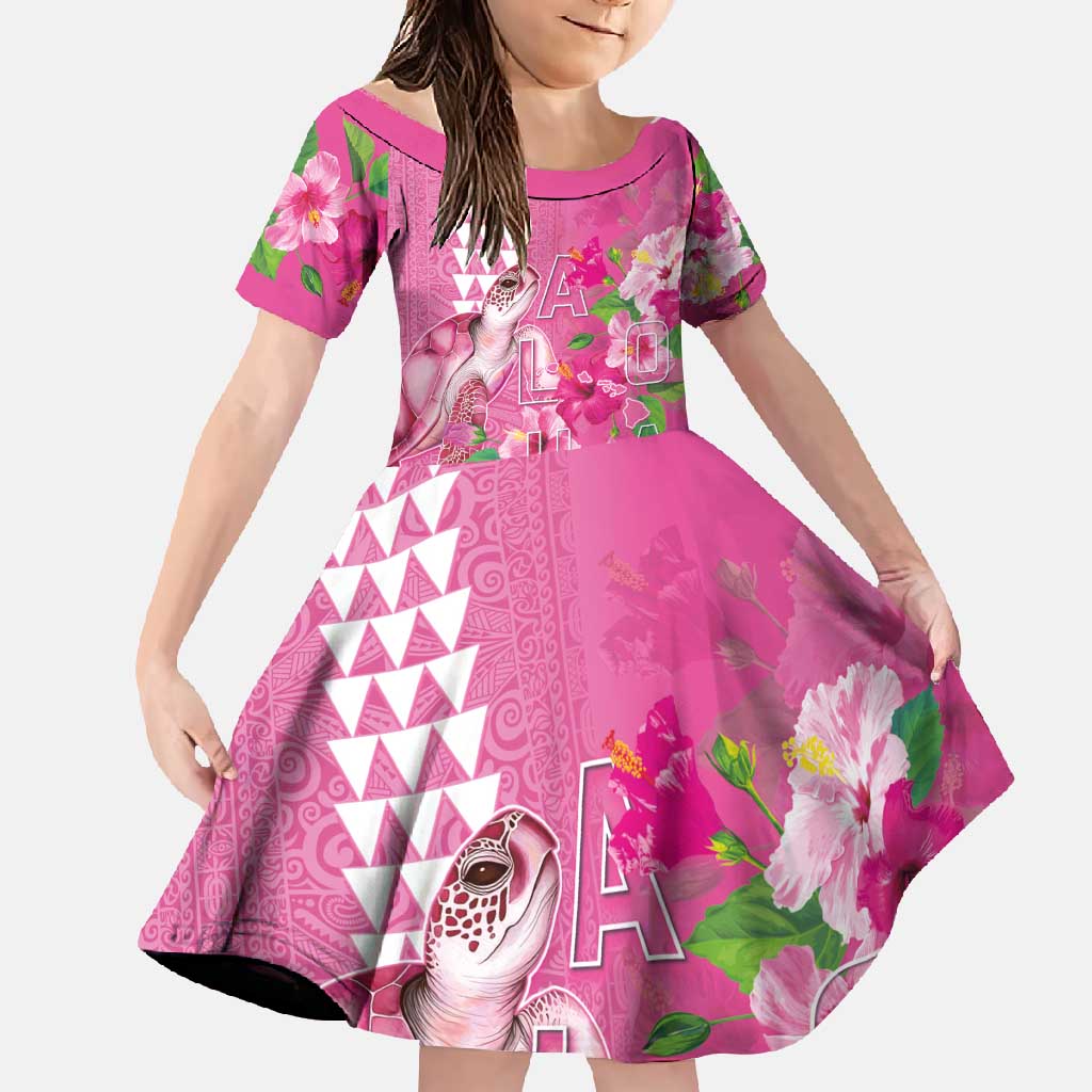 Hawaii Aloha Turtle Hibiscus and Leaves Family Matching Off Shoulder Maxi Dress and Hawaiian Shirt with Polynesian and Kakau Tattoos Rose Color LT03 Daughter's Dress Pink - Polynesian Pride