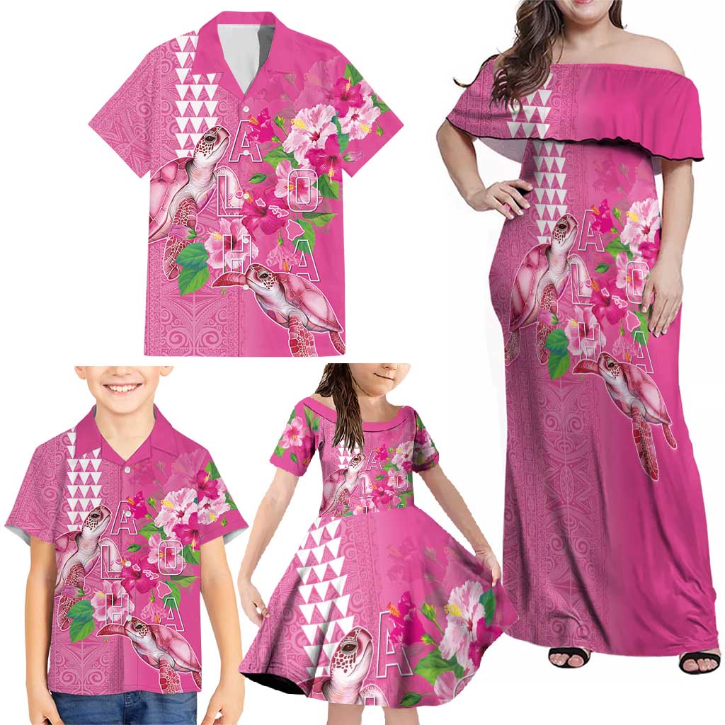 Hawaii Aloha Turtle Hibiscus and Leaves Family Matching Off Shoulder Maxi Dress and Hawaiian Shirt with Polynesian and Kakau Tattoos Rose Color LT03 - Polynesian Pride