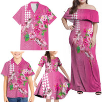 Hawaii Aloha Turtle Hibiscus and Leaves Family Matching Off Shoulder Maxi Dress and Hawaiian Shirt with Polynesian and Kakau Tattoos Rose Color LT03 - Polynesian Pride