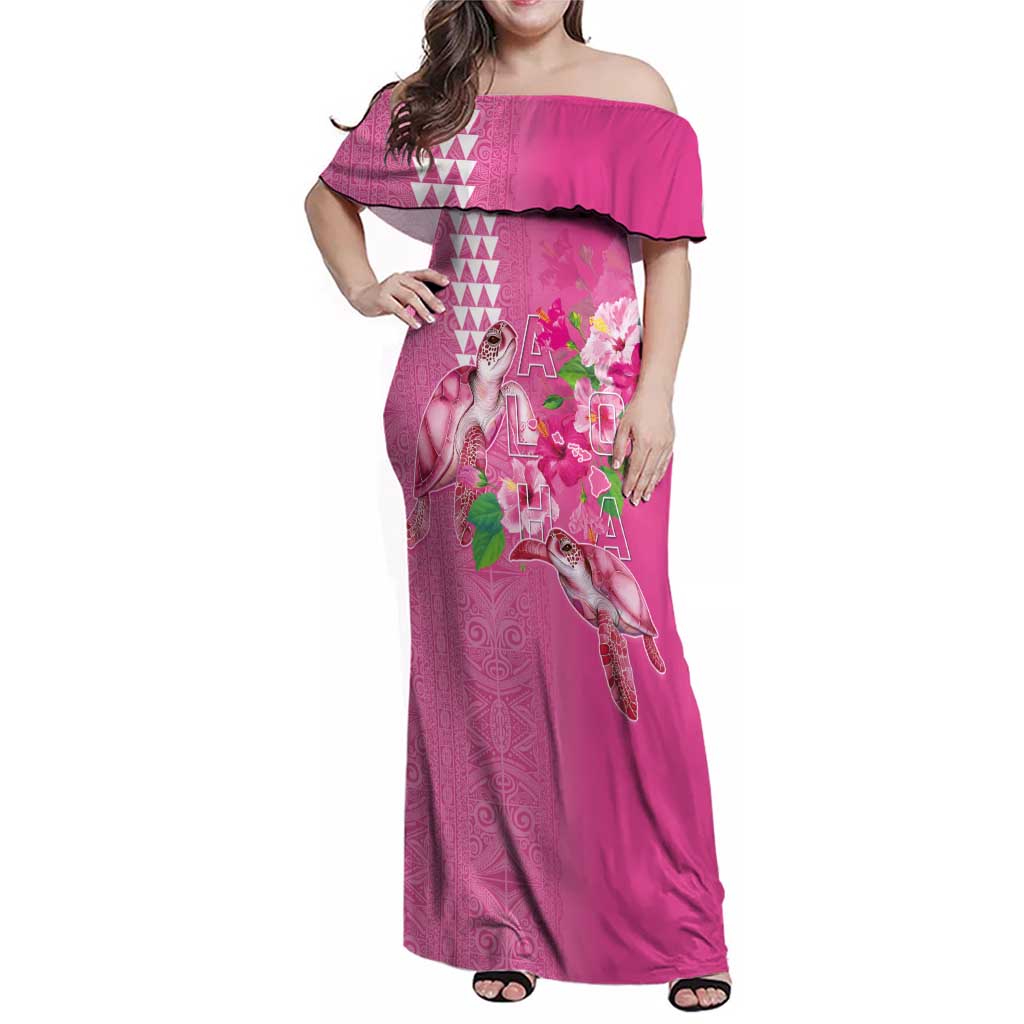 Hawaii Aloha Turtle Hibiscus and Leaves Family Matching Off Shoulder Maxi Dress and Hawaiian Shirt with Polynesian and Kakau Tattoos Rose Color LT03 Mom's Dress Pink - Polynesian Pride